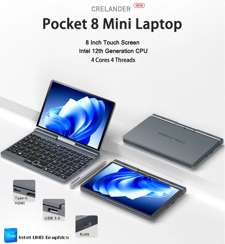 CRELANDER P8 8 Inch Mini Laptop Touchscreen Rotating 360 Degree Intel Alder N100 12GB WiFi6 Notebook Tablet PC Protable Laptops